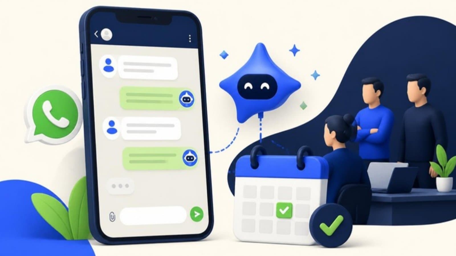 Ilustração de celular com conversa no WhatsApp, assistente de inteligência artificial e agenda com horário marcado