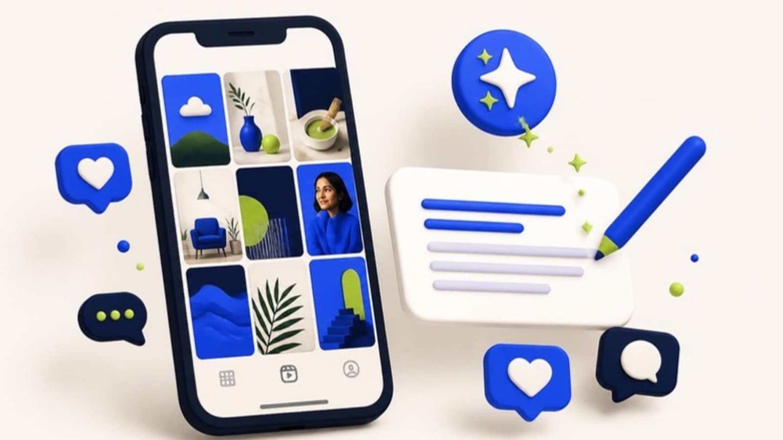 Ilustração de celular com posts do Instagram e inteligência artificial escrevendo a legenda