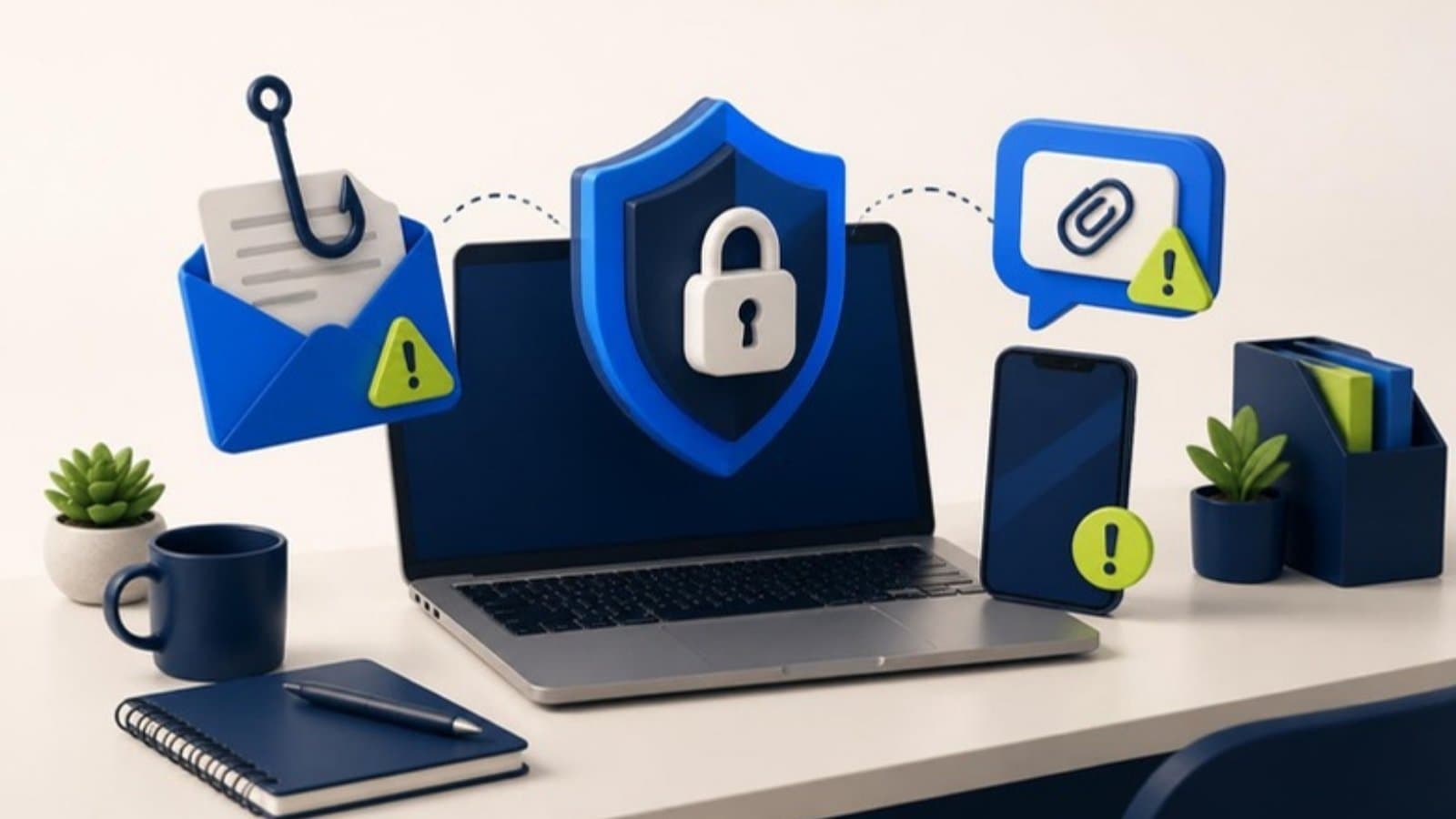 Ilustração de notebook protegido por um escudo com cadeado, com e-mail e mensagem de WhatsApp com sinal de alerta