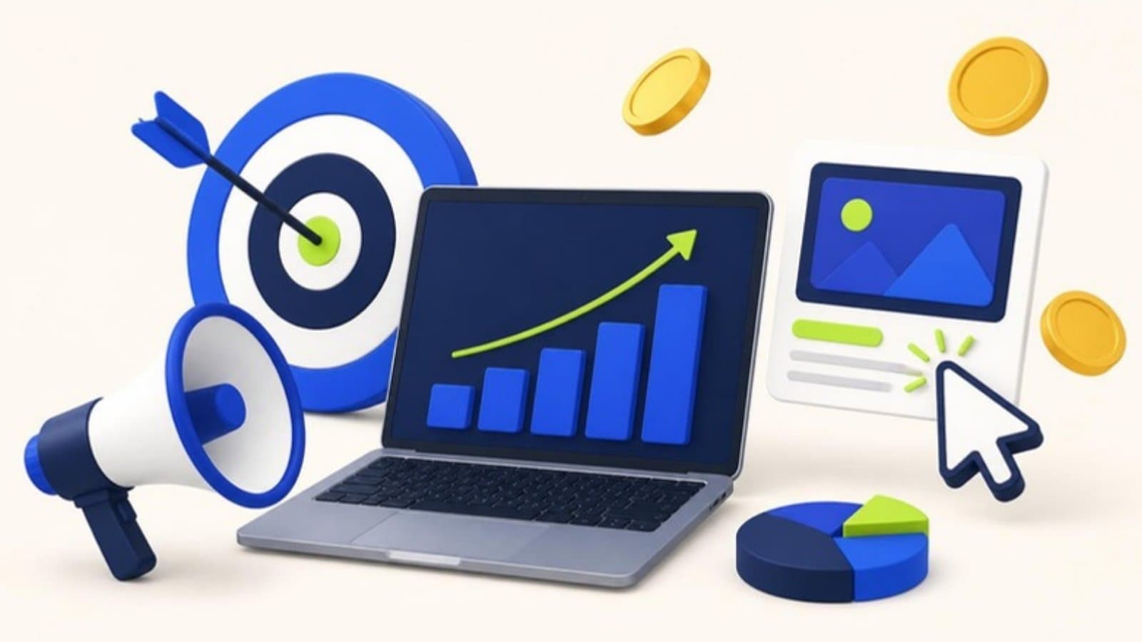 Ilustração de notebook com gráfico de resultados subindo, alvo, megafone e moedas, representando anúncios online