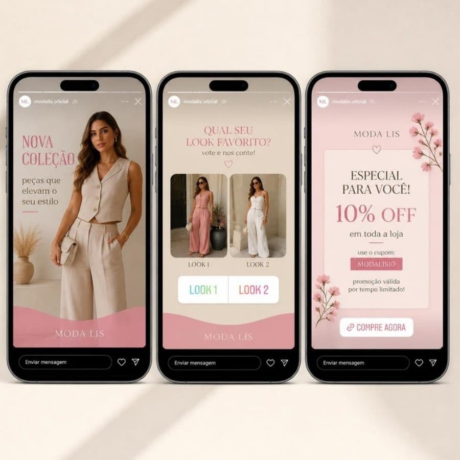 Stories de novidade, enquete e promoção