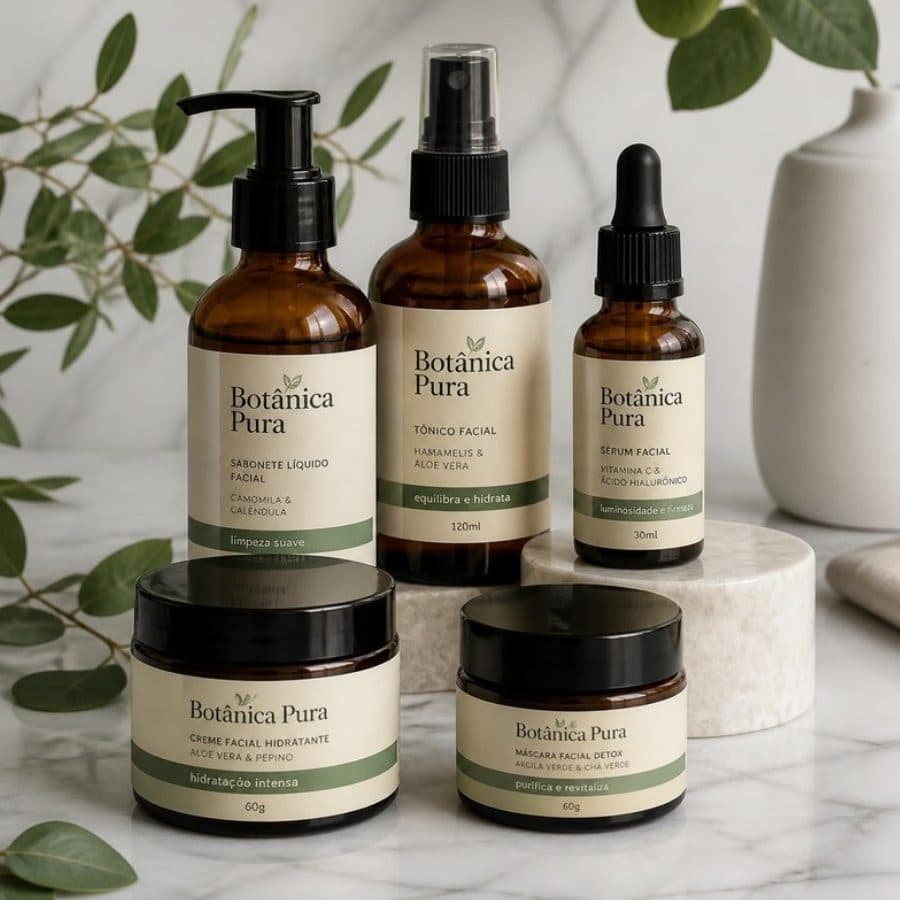 Rótulos de frascos de uma marca de cosméticos naturais