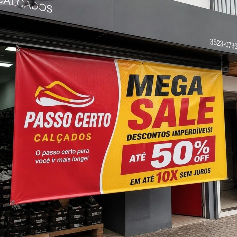 Lona de liquidação na fachada de uma loja de calçados