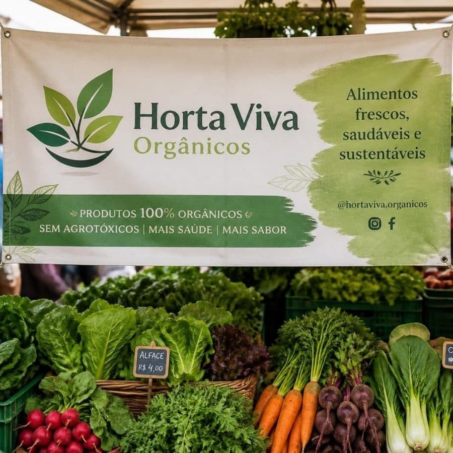 Faixa de uma barraca de produtos orgânicos na feira