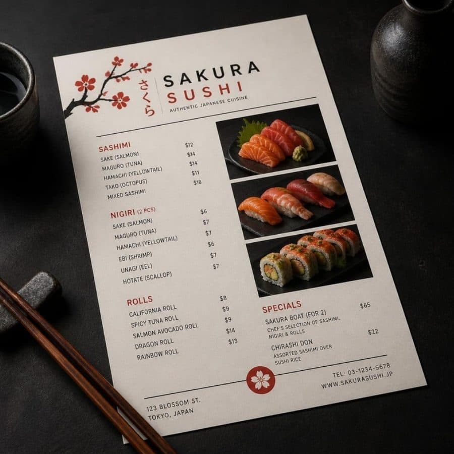 Cardápio de um restaurante japonês