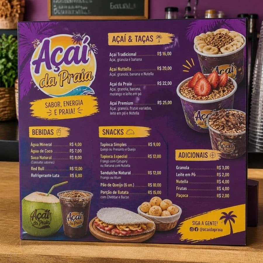 Cardápio de uma loja de açaí