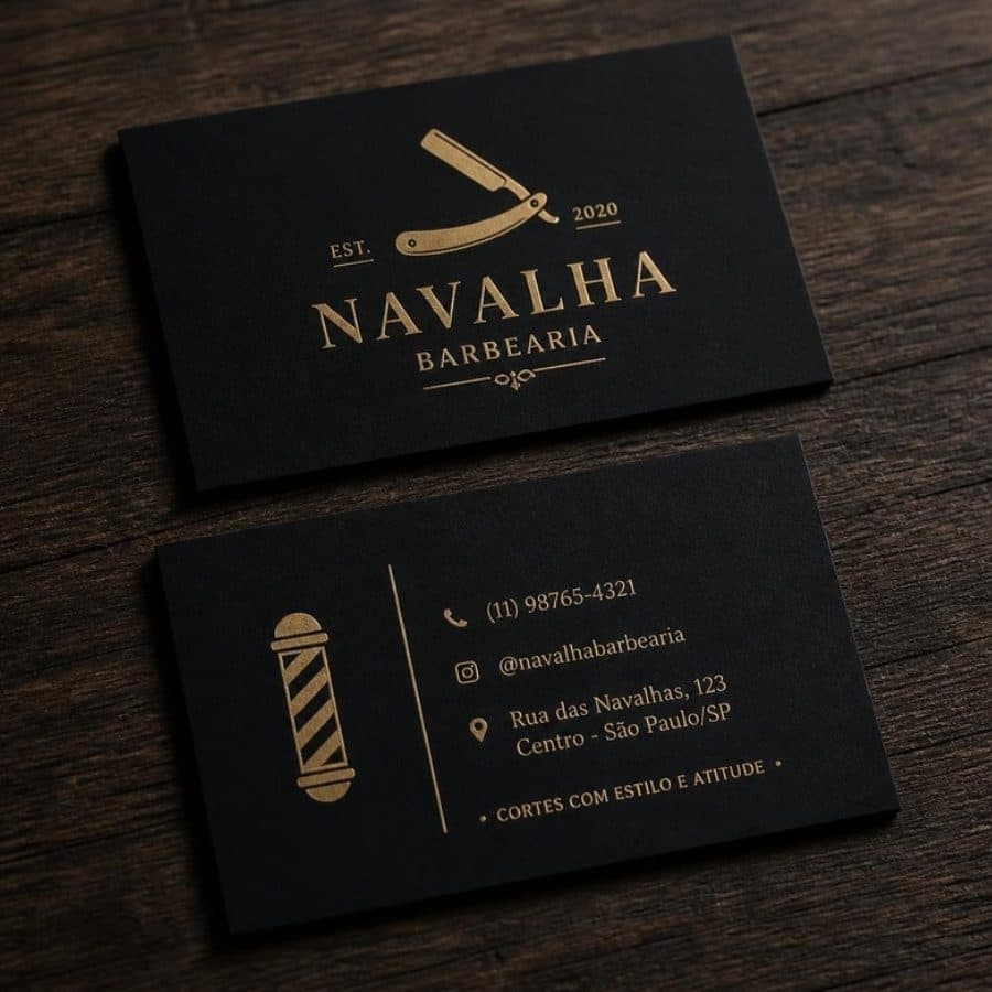Cartão de visita preto e dourado de uma barbearia