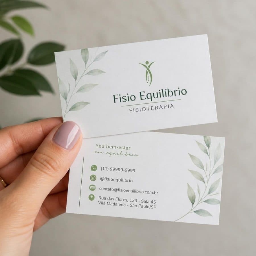 Cartão de visita branco com folhas verdes de uma clínica de fisioterapia
