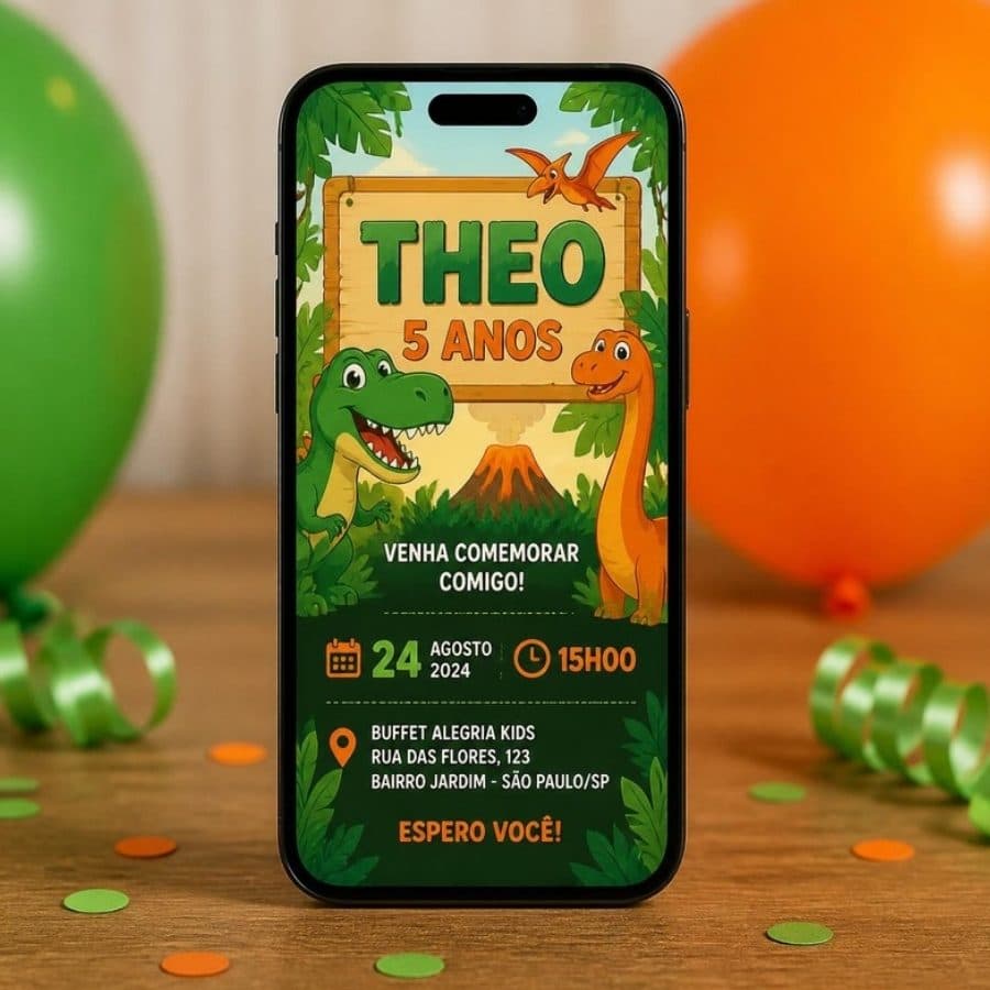Convite digital de aniversário infantil com tema de dinossauros