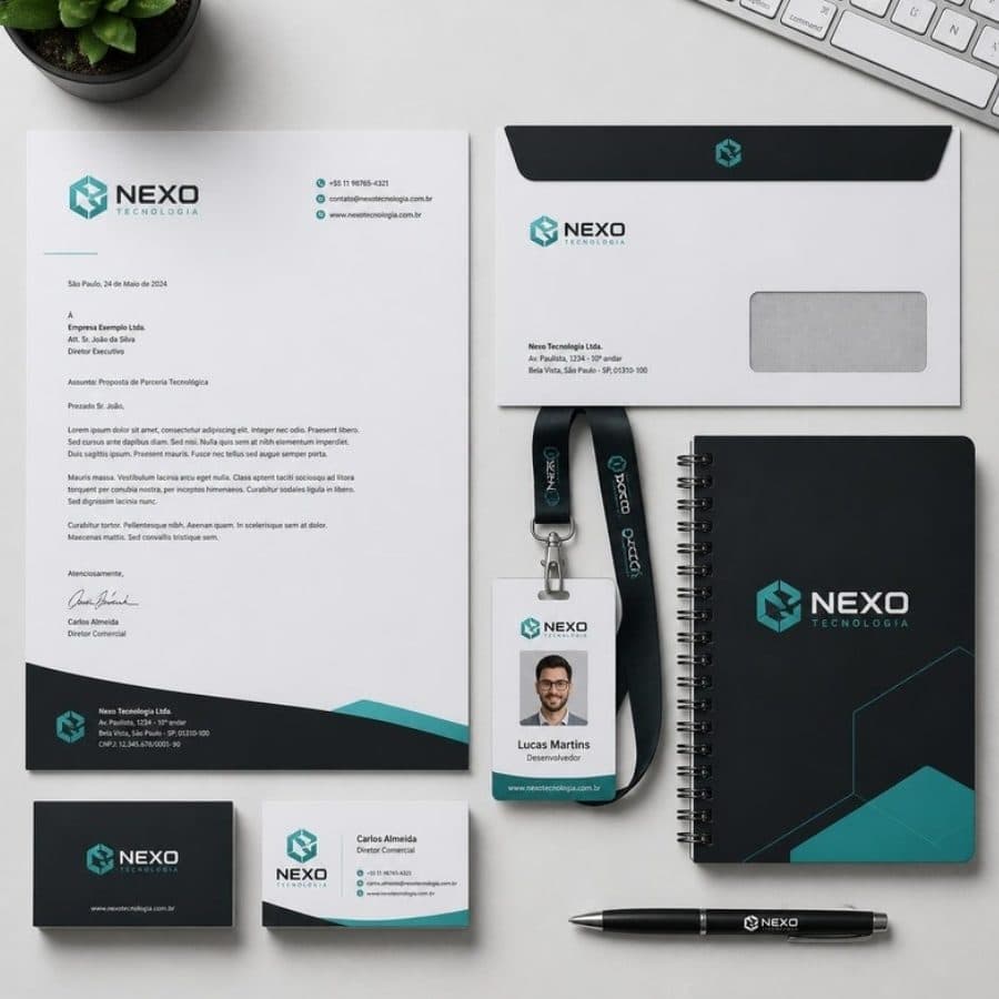 Papelaria de uma empresa de tecnologia com crachá e papel timbrado