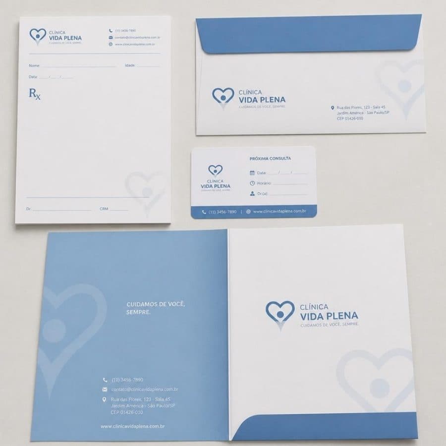 Papelaria de uma clínica médica com receituário e envelope