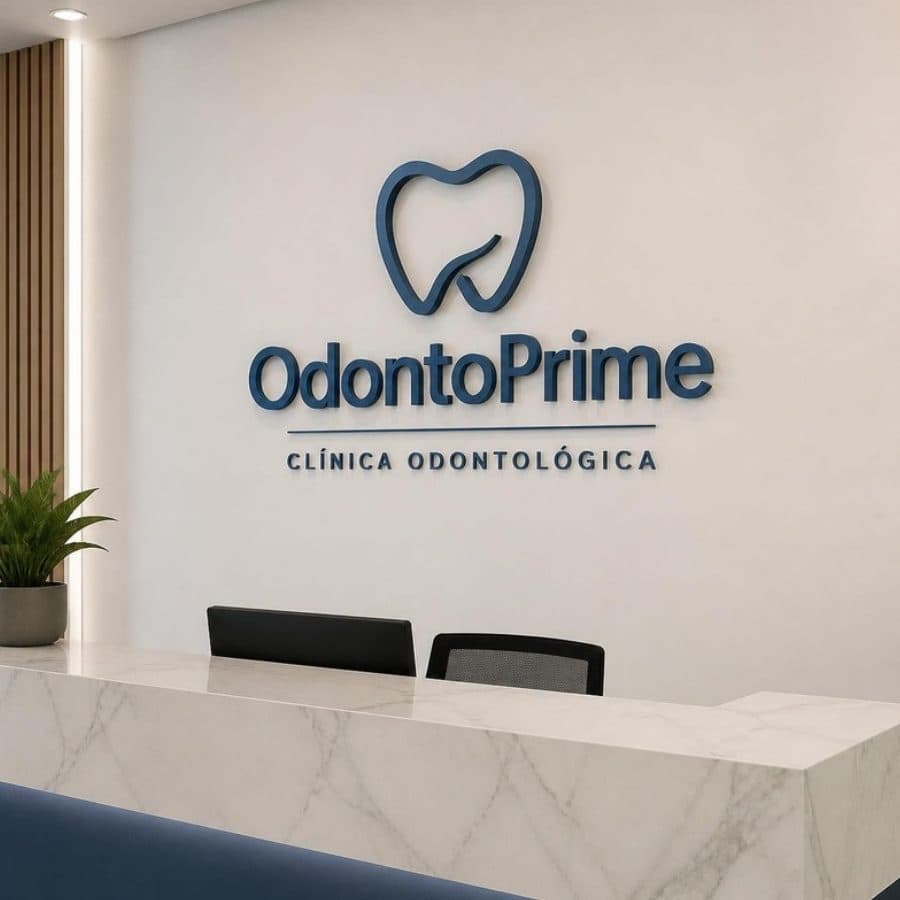 Letreiro na parede da recepção de uma clínica odontológica