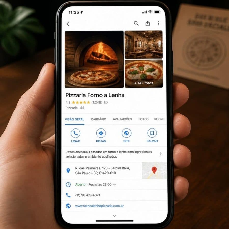 Perfil completo de uma pizzaria no Google Maps
