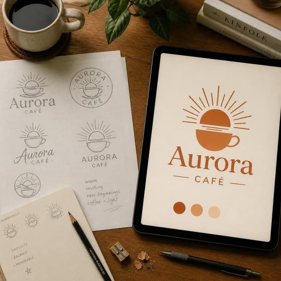 Esboços do logo à mão e o logo final no tablet