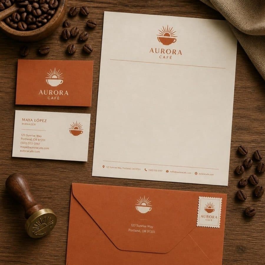 Cartão de visita, papel timbrado e envelope com a marca
