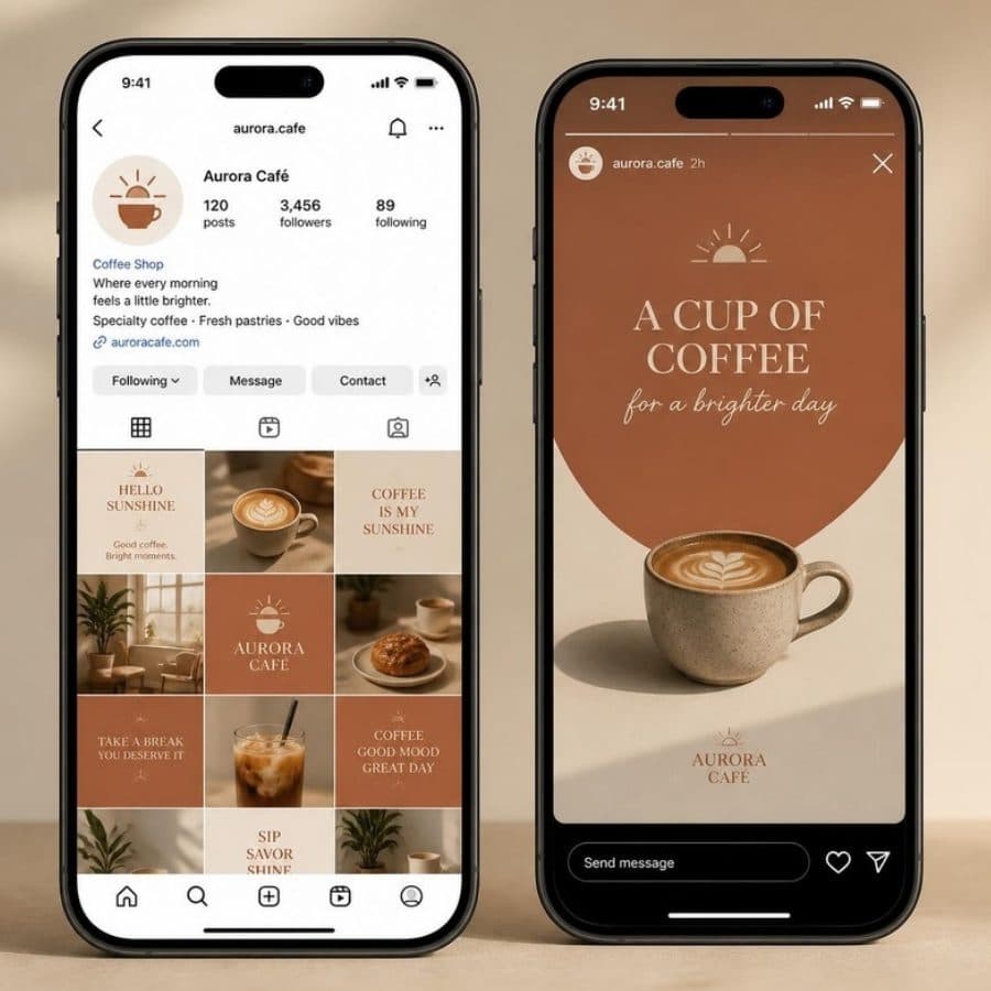 Perfil do Instagram e stories com a identidade da marca