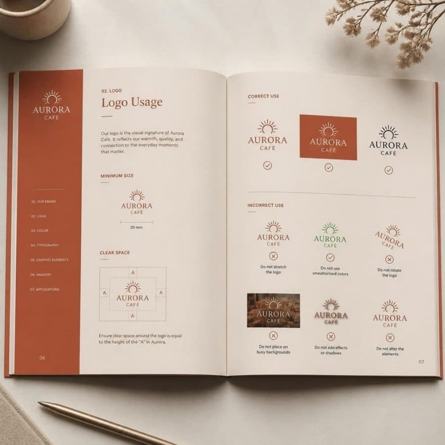 Manual da marca aberto, com as regras de uso do logo