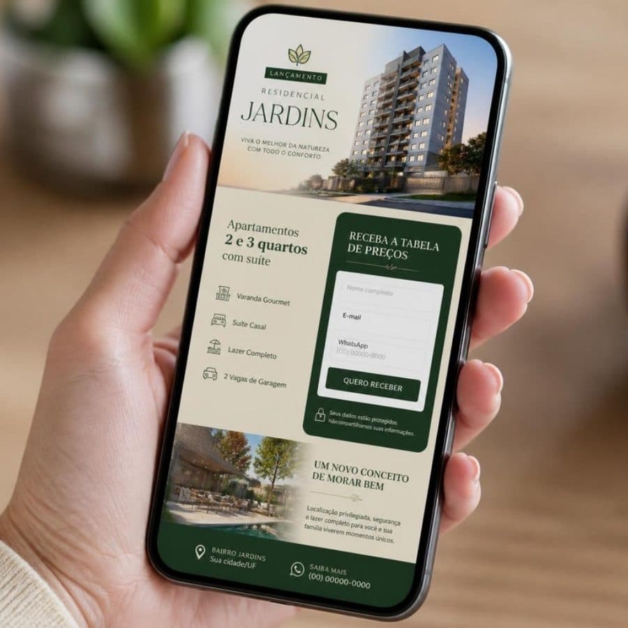 Landing page de lançamento imobiliário no celular