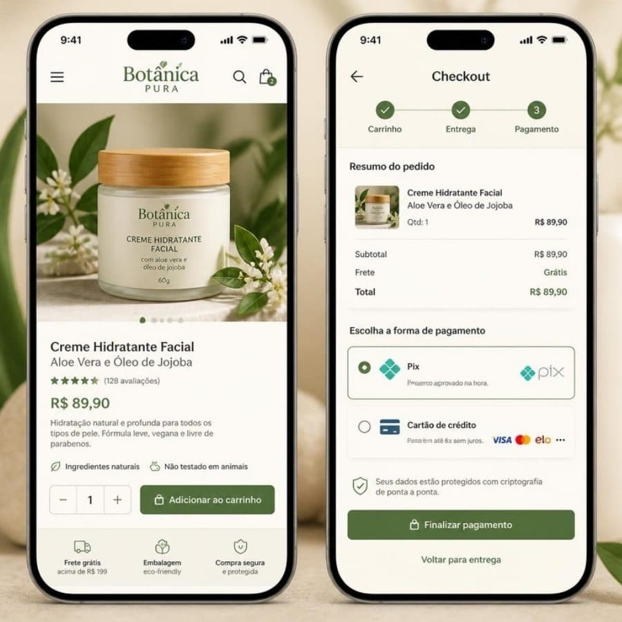 Página de produto e pagamento com Pix e cartão no celular