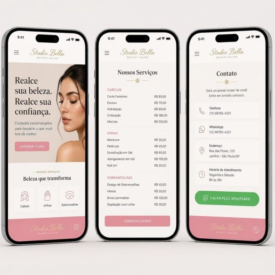 Versão para celular do site de um salão de beleza